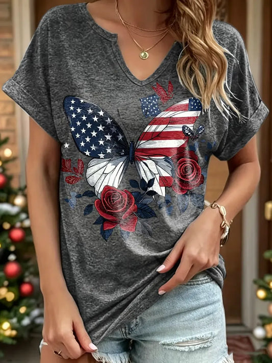 Independence Day Flag And Butterfly Print V-neck Cotton T-shirt