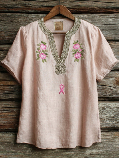 Floral Embroidery Pink Ribbon Awareness Women's Linen V-neck Shirt