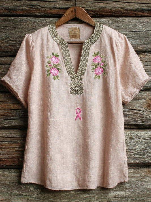 Floral Embroidery Pink Ribbon Awareness Women's Linen V-neck Shirt