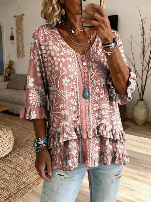 Women's Vintage-Textured Pink Floral Art Print Casual Lace-Trim T-Shirt
