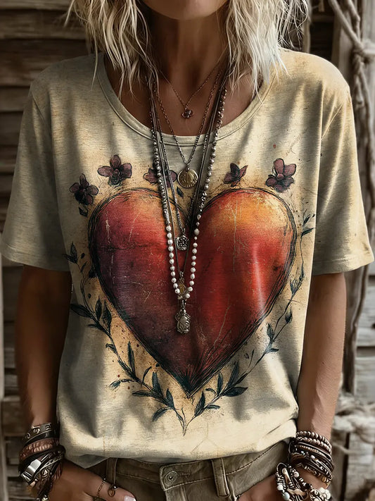 Ethnicity Abstract Flower Love Women And Men's Vintage Art Print Casual T-shirt