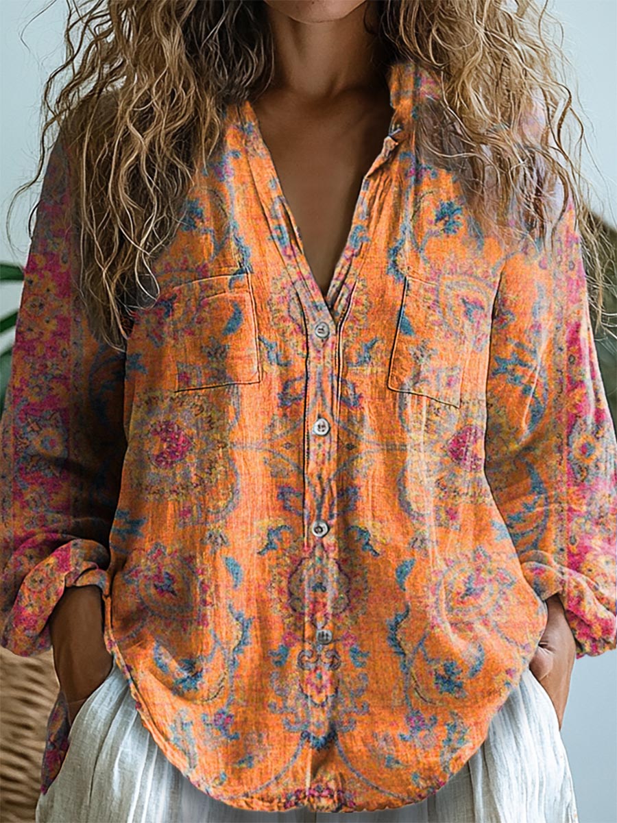 Women's Retro Ethnic Totem Art Pattern Print Casual Long Sleeve Comfortable Cotton Shirt