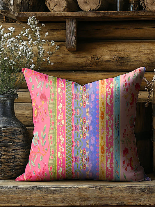 Retro Colorful Striped Floral Print Casual Pillow