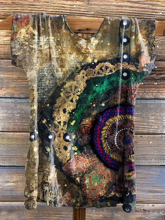 Vintage Ethnic Mandala Art Print Cotton Crew Neck Tee