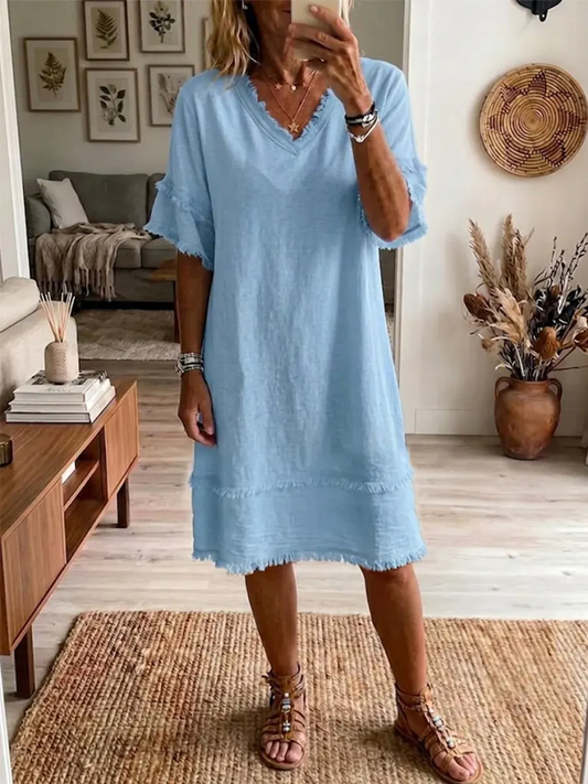 Vintage Art Print V-neck Tassels Cotton Dress