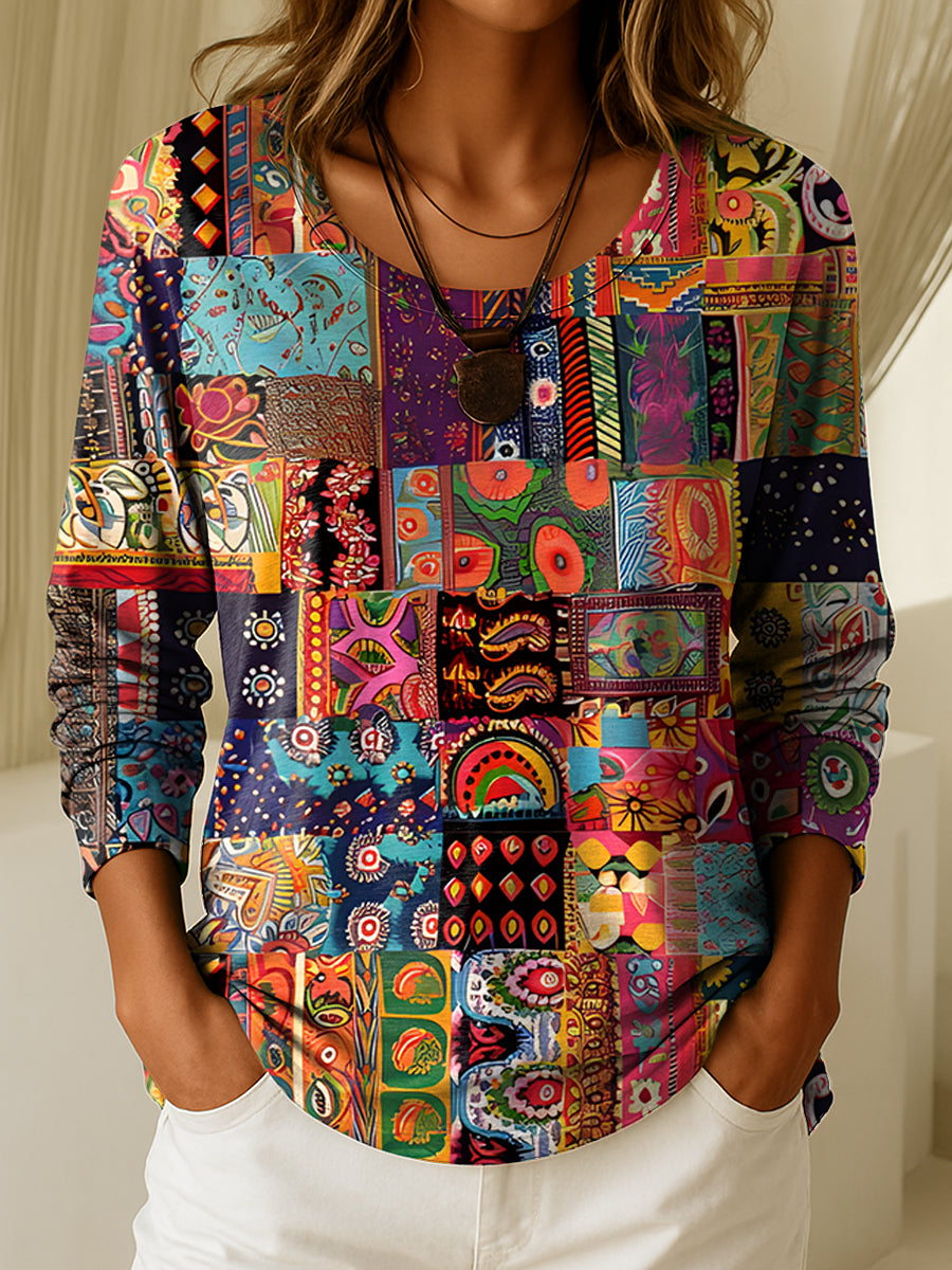 Women's Colorful Plaid Art Print Casual Long-Sleeve Crew Neck T-Shirt