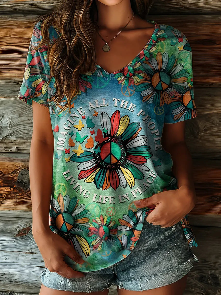 Women's Hippie Daisy Print Artistic V-neck Casual T-shirt
