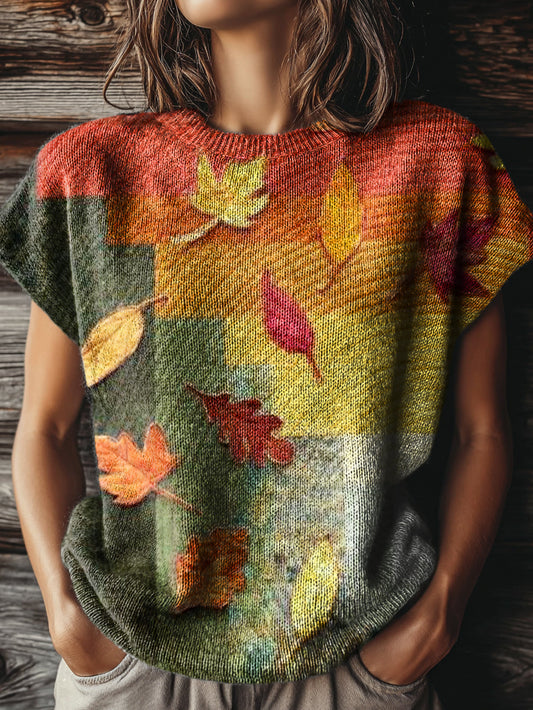 Women's Vintage Gradient Leaves Art Print Casual Crew Neck Short Sleeve Knitted Sweater