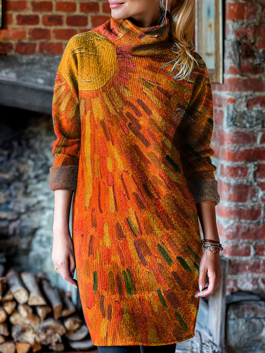 Women's Vintage Orange Sun Art Print Hooded Turtleneck Knit Dress