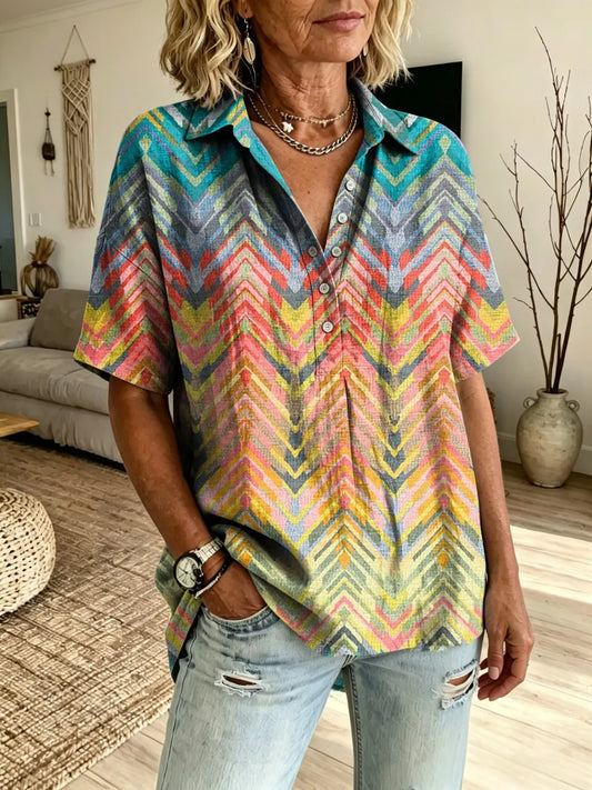 Women's Colorful Geometric Wave Art Print Short-sleeve Henley Shirt With Lapel Collar