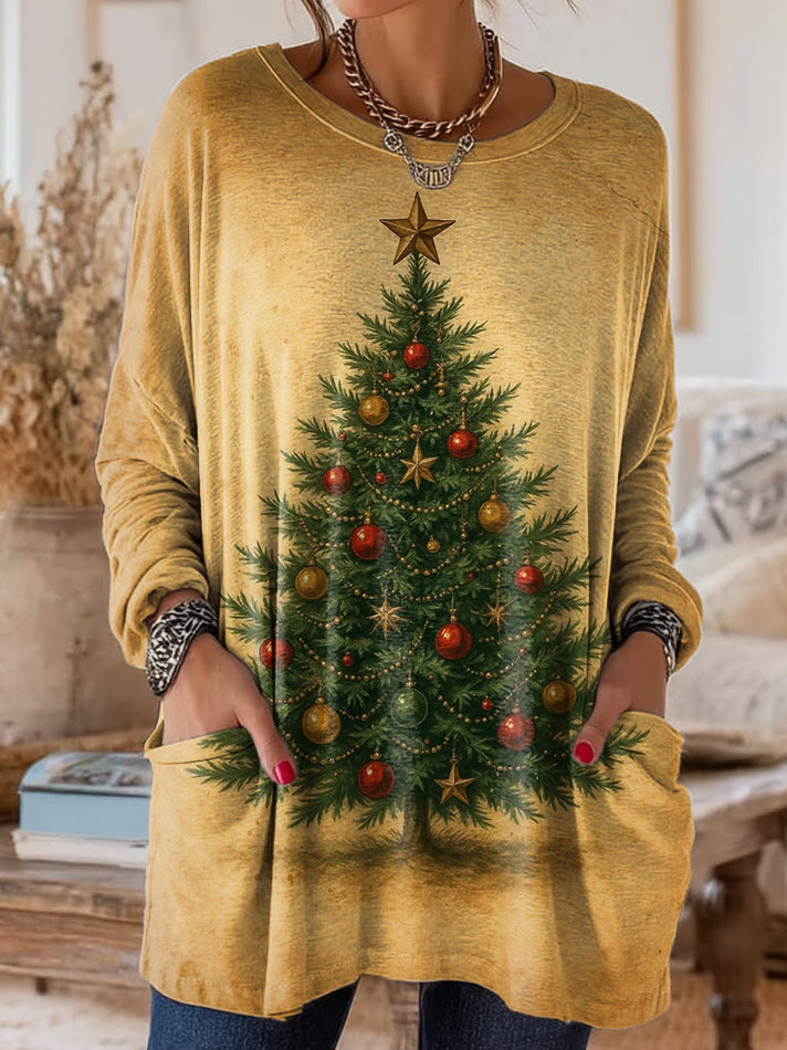 Women's Retro Christmas Art Print Casual Long Sleeve Crew Neck Cotton T-Shirt