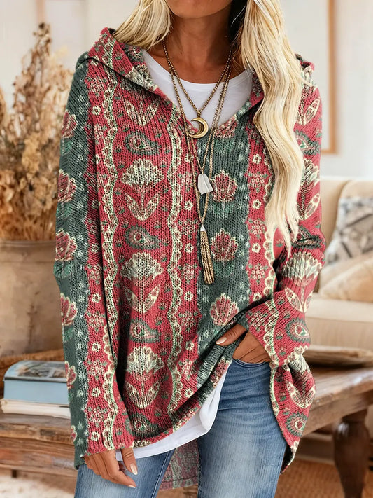 Women's Floral Collage Art Print Casual Knitted Hooded Tunic Top