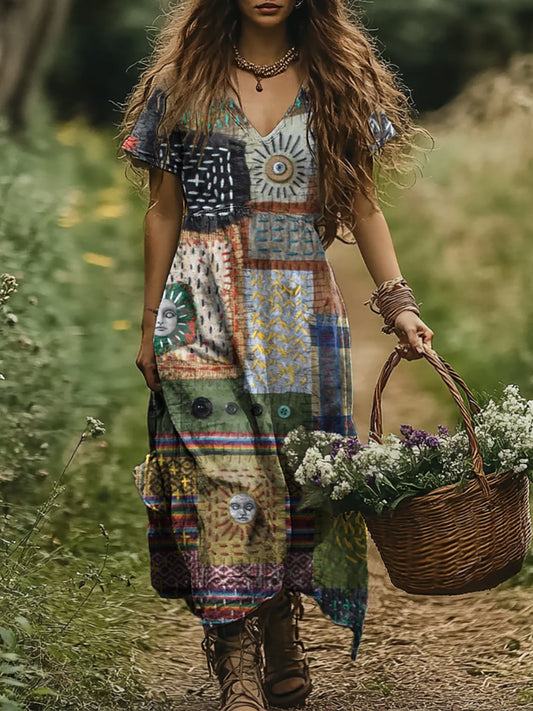 Women's Vintage Patchwork Art Print Pocket Cotton Dress