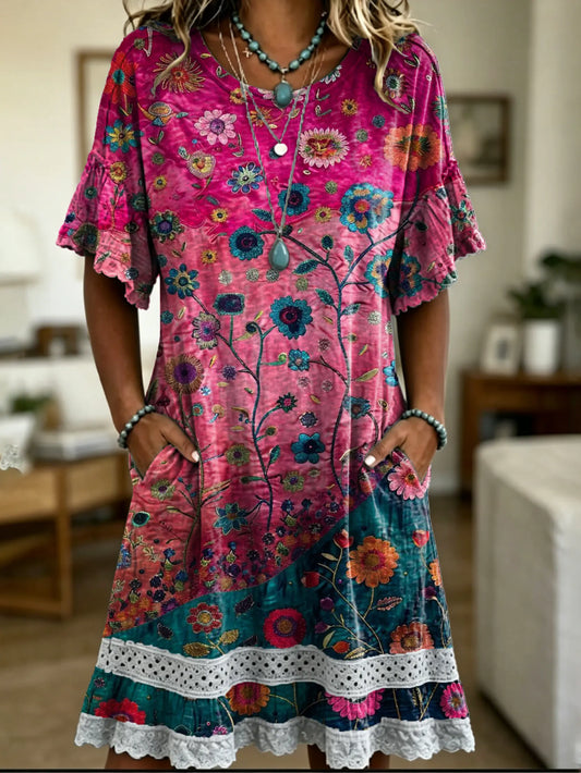 Women's Vintage Floral Print Lace Cutout Dress