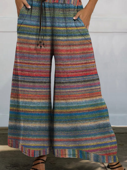 Hippie Style Colorful Strip Pattern Printed Women's Cotton And Linen Casual Wide-leg Pants