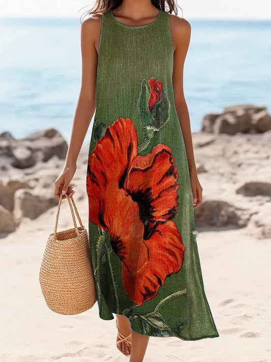 Women's Ethnic Floral Art Print Sleeveless Cotton Pocket Dress