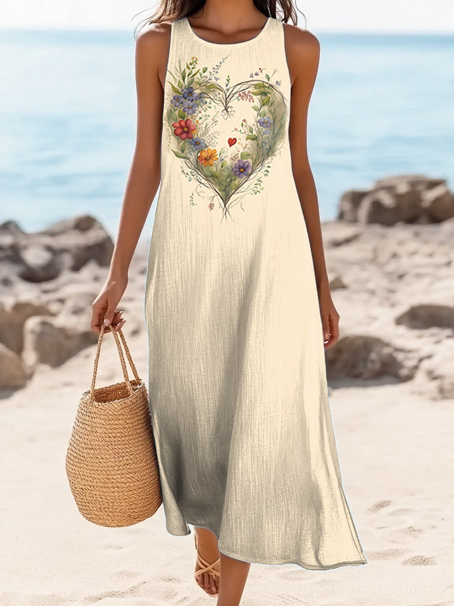 Women's Floral Heart Pattern Art Print Sleeveless Cotton Pocket Dresses