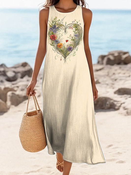 Women's Floral Heart Pattern Art Print Sleeveless Cotton Pocket Dresses