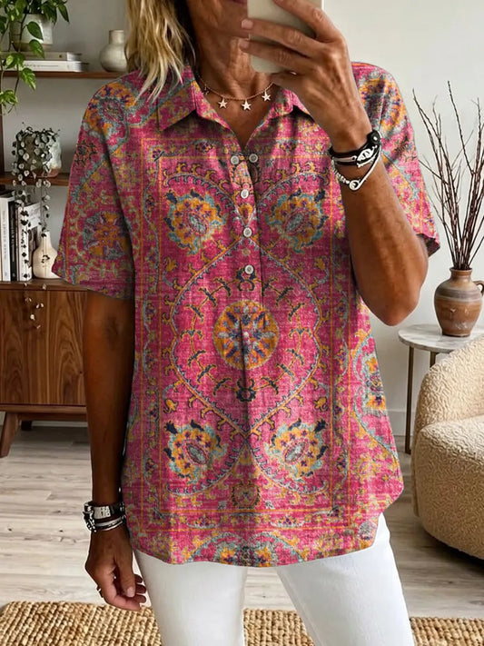 Ethnicity Totem Pattern Women's Art Print Casual Short-sleeve Linen Shirt