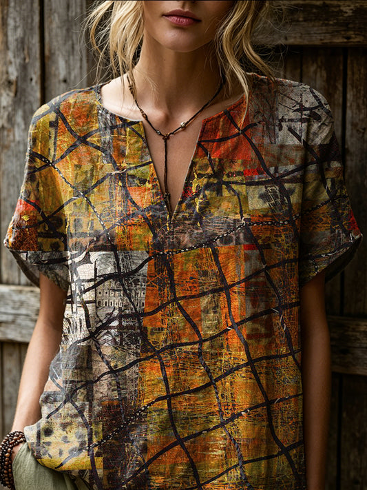 Women's Retro Colorful Art Print Casual Short-sleeve V-neck Cotton Linen Shirt
