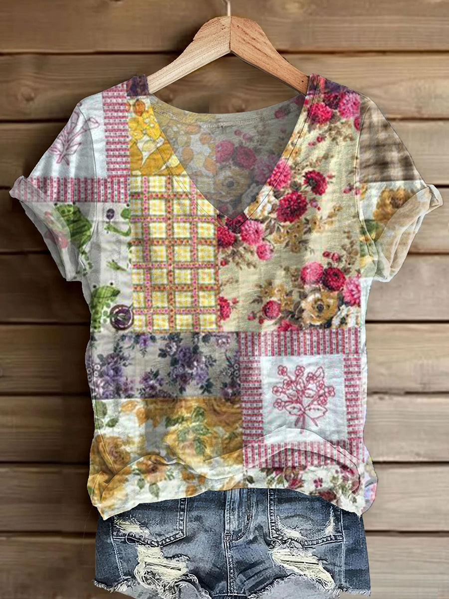 Women's Vintage Floral Patchwork Art Print V-neck Casual T-Shirt