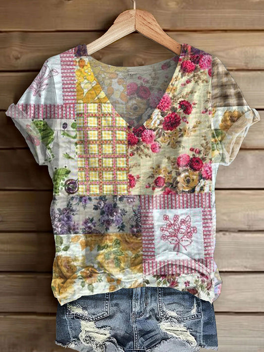 Women's Vintage Floral Patchwork Art Print V-neck Casual T-Shirt