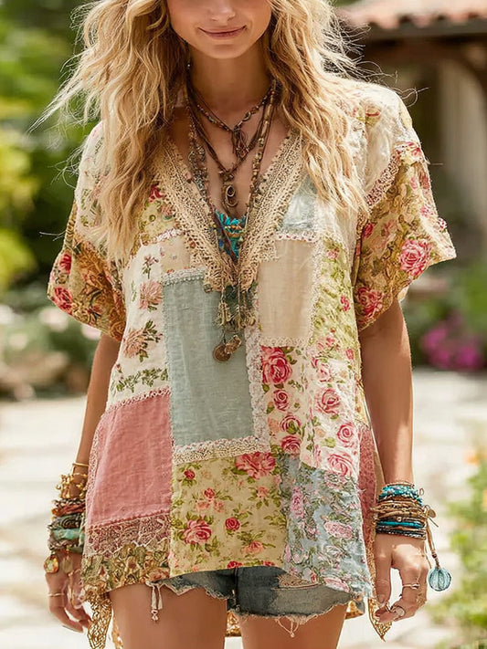 Women's Vintage Floral Patch V-neck T-shirt