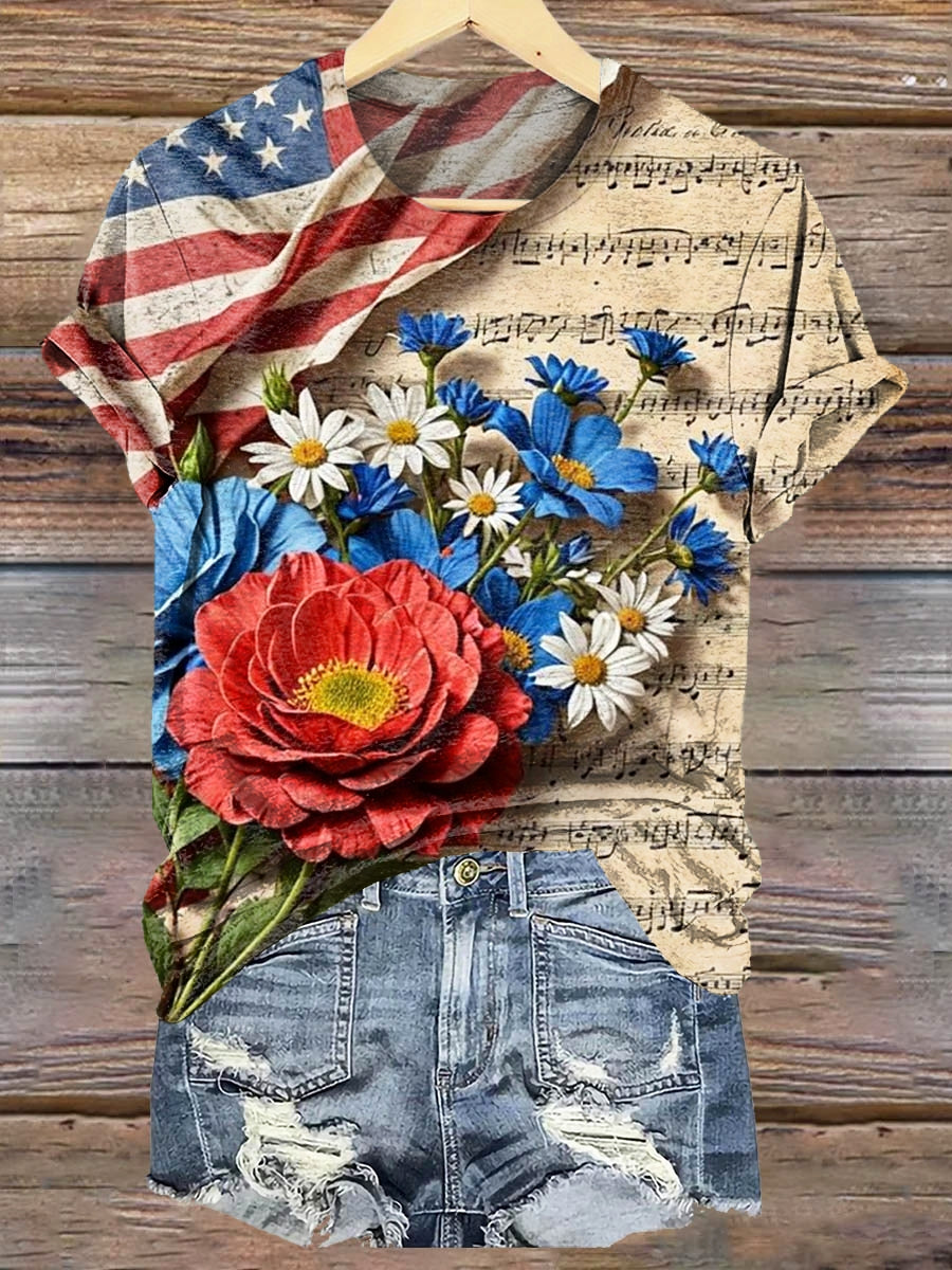 Women's USA Flag Floral Art Print Crew Neck T-Shirt