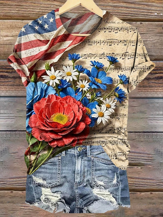 Women's USA Flag Floral Art Print Crew Neck T-Shirt