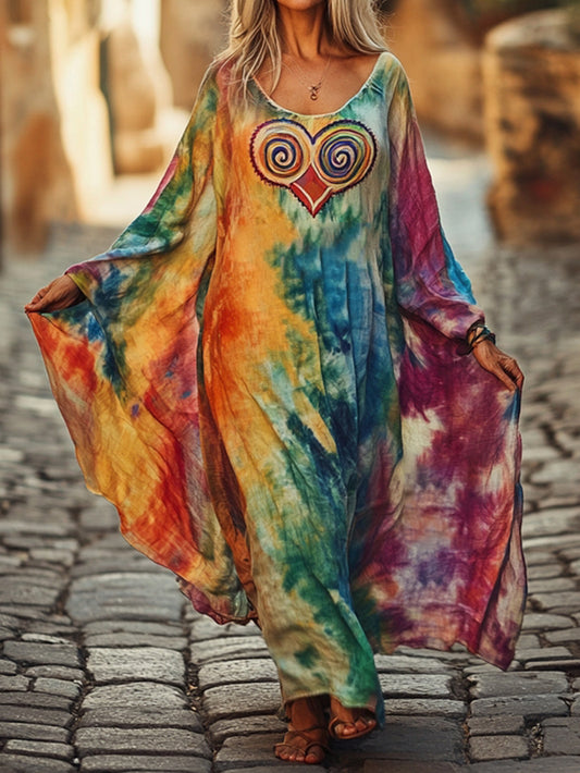 Women's Tie-Dye Heart Art Pattern Print Pocket Cotton Dress