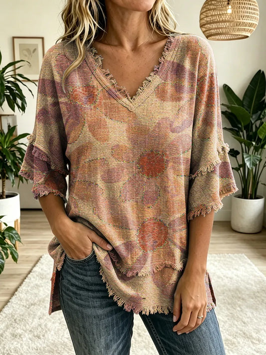 Women's Vintage Floral Art Print V-Neck Tasseled Cotton Top