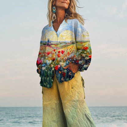 Cozy Hippie Oversized Linen Long Sleeve Shirt and Wide Leg Pants 6323