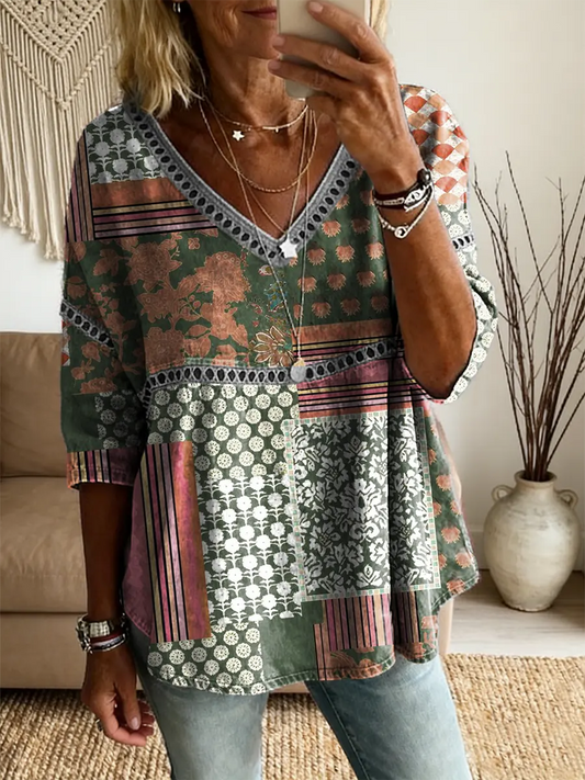 Ethnicity Patchwork Flowers Women's Vintage Art Print Casual V Neck Cutout Top