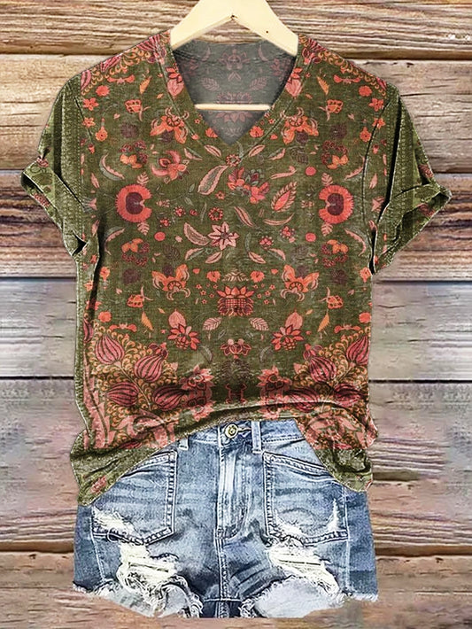Women's Retro Ethnic Totem Print Casual V-neck Cotton T-shirt