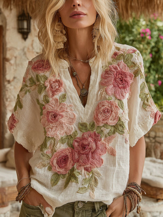 Women's Vintage Floral Art V Neck Linen Short Sleeve T-shirt