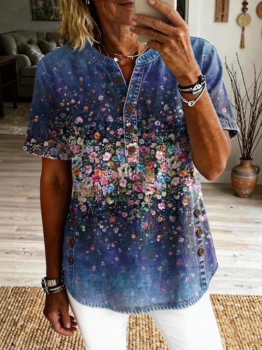 Women's Vintage Floral Art Print Casual Short-sleeve Washed Shirt