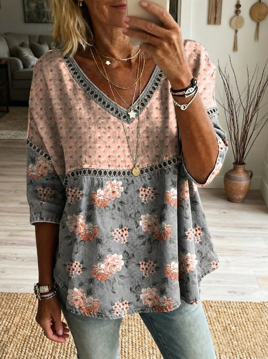 Women's Floral Pattern Art Print Casual V-neck Lace-up Top
