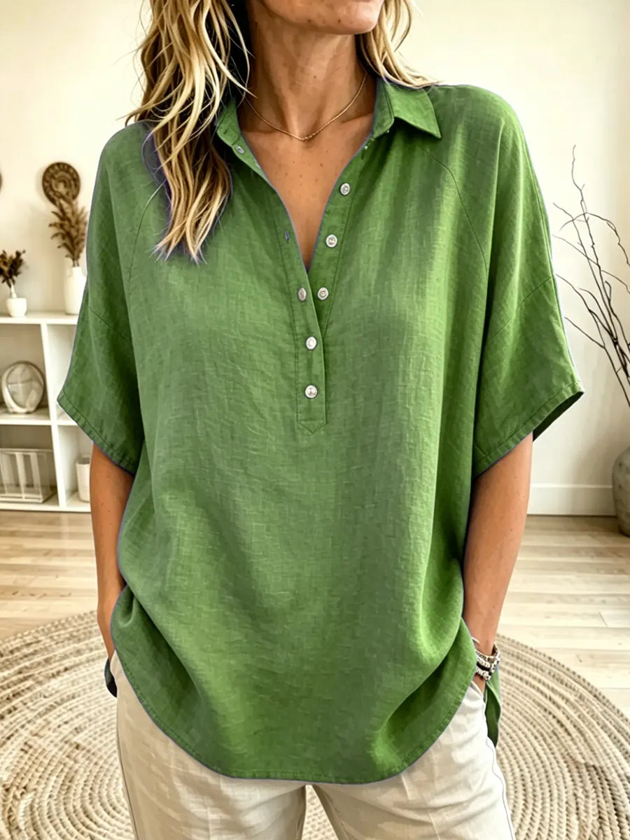 Women's Linen-Blend Collared Short Sleeve Henley Blouse