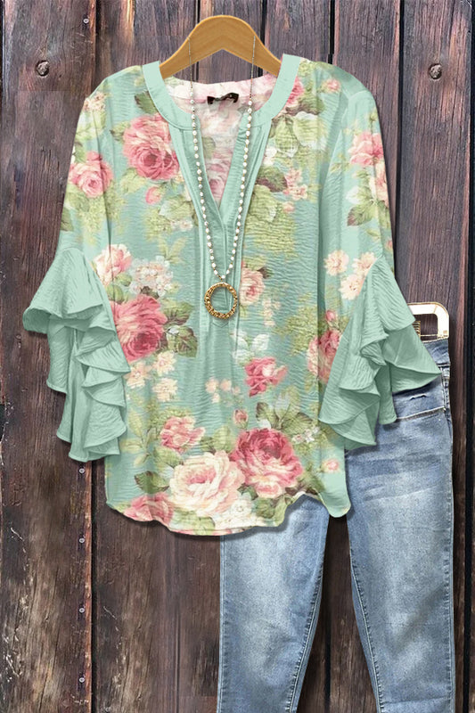 Spring Floral Print Ruffle Sleeve Top