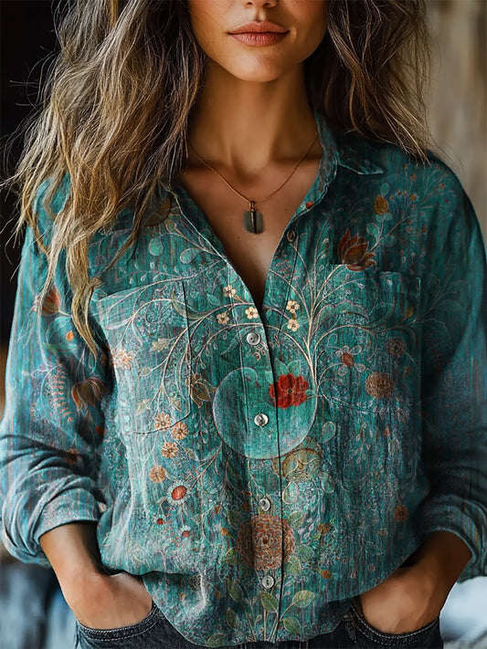 Women's Vintage Floral Art Print Casual Long Sleeve Comfortable Cotton Shirt
