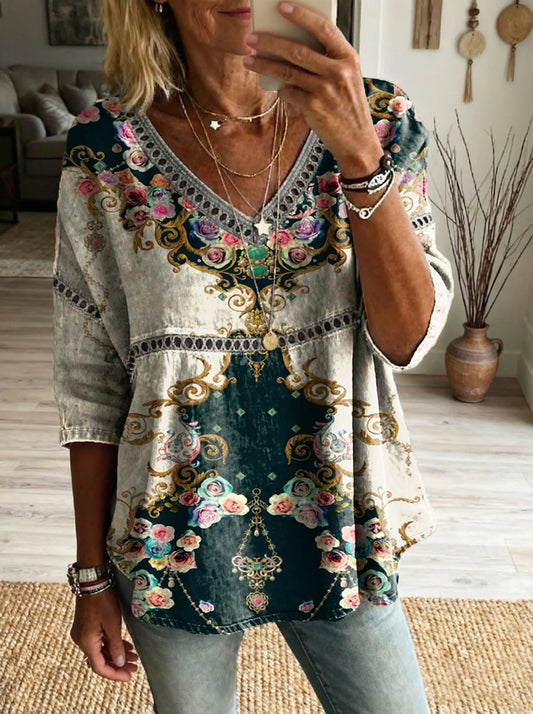 Women's Gradient Floral Art Print Casual V-neck Tie-front Top