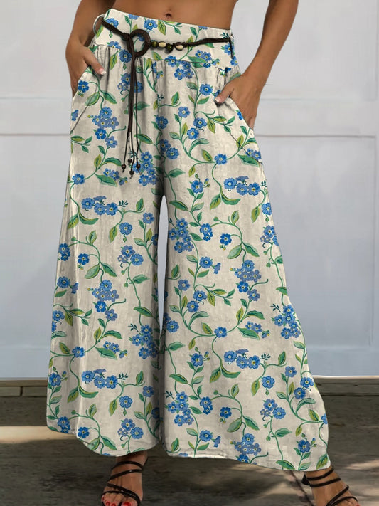 Lovely Spring Floral And Vine Pattern Printed Women's Cotton And Linen Casual Wide-leg Pants