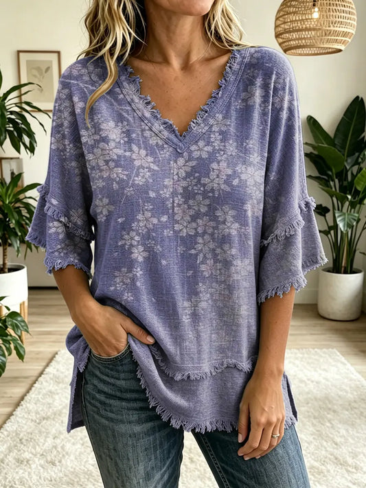 Women's Floral Art Print V-Neck Tassels Cotton Top
