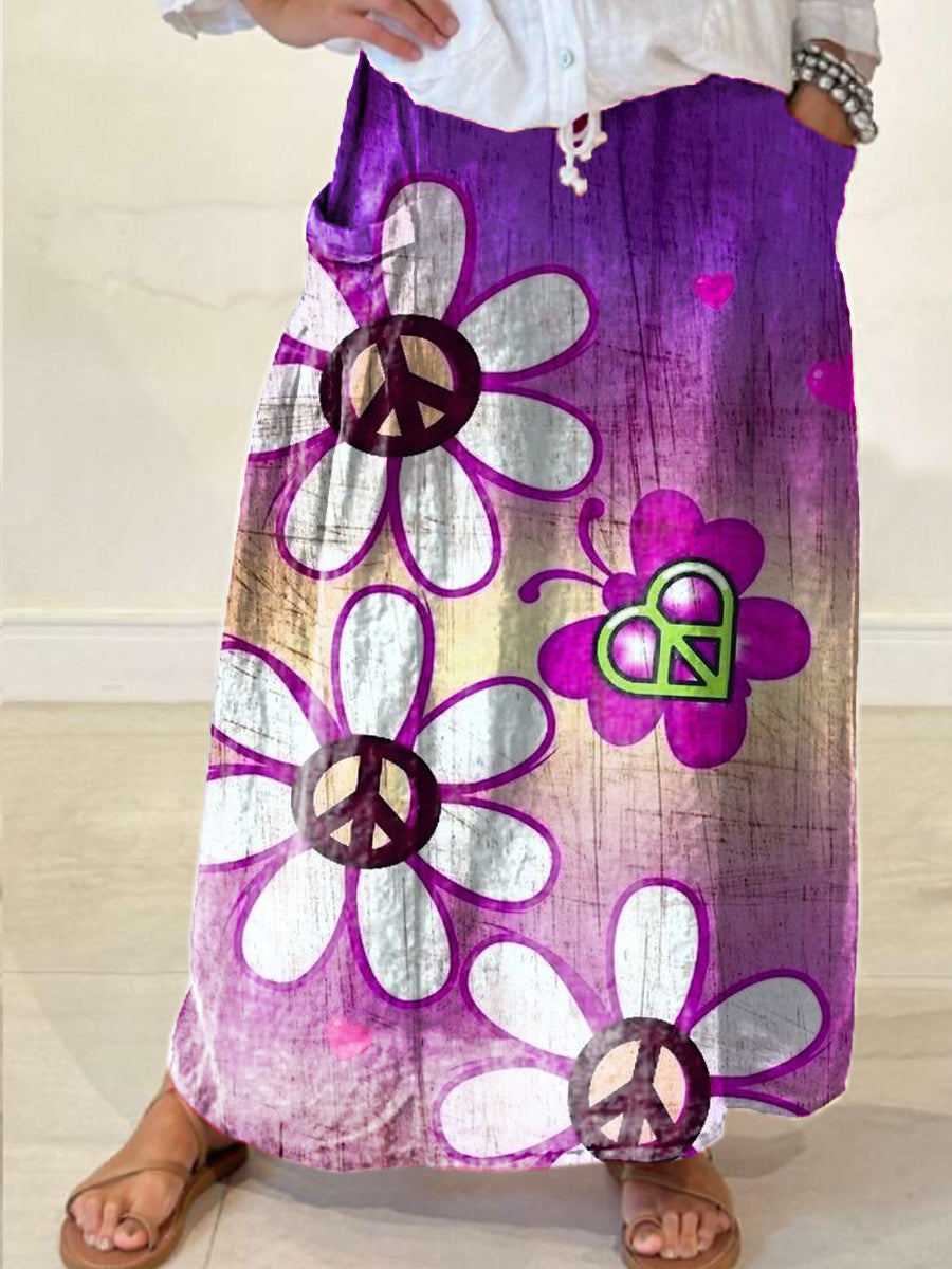 Women's Retro Floral Art Linen Pocket Skirt