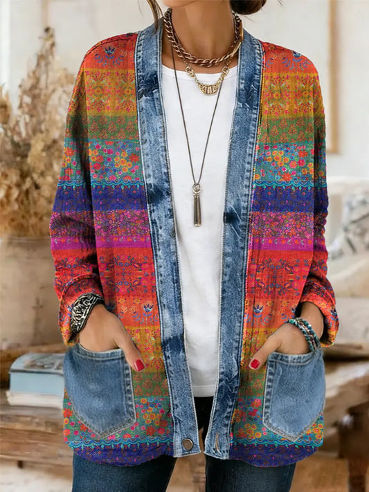 Vintage National Flower Stripes Women's Casual Long Sleeve Comfortable Denim Mix Cardigan
