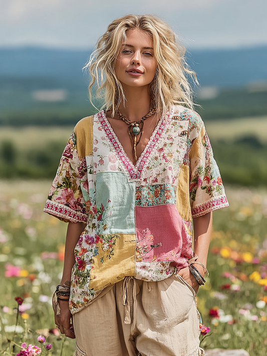 Women's Vintage Floral Art V-neck T-shirt