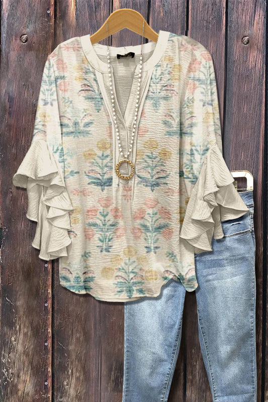 Vintage Floral Print Ruffle Bell Sleeve Top