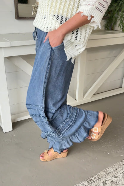 Women's Drawstring Waist Layered Ruffle Frayed Hem Cropped Wide Leg Denim Pants