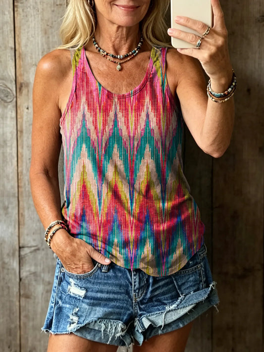 Women's Bohemian Colorful Ripple Art Print Crew Neck Sleeveless Tank Top