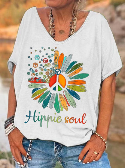 Women'S Sunflower Peace Sign Hippie Soul Print T-Shirt